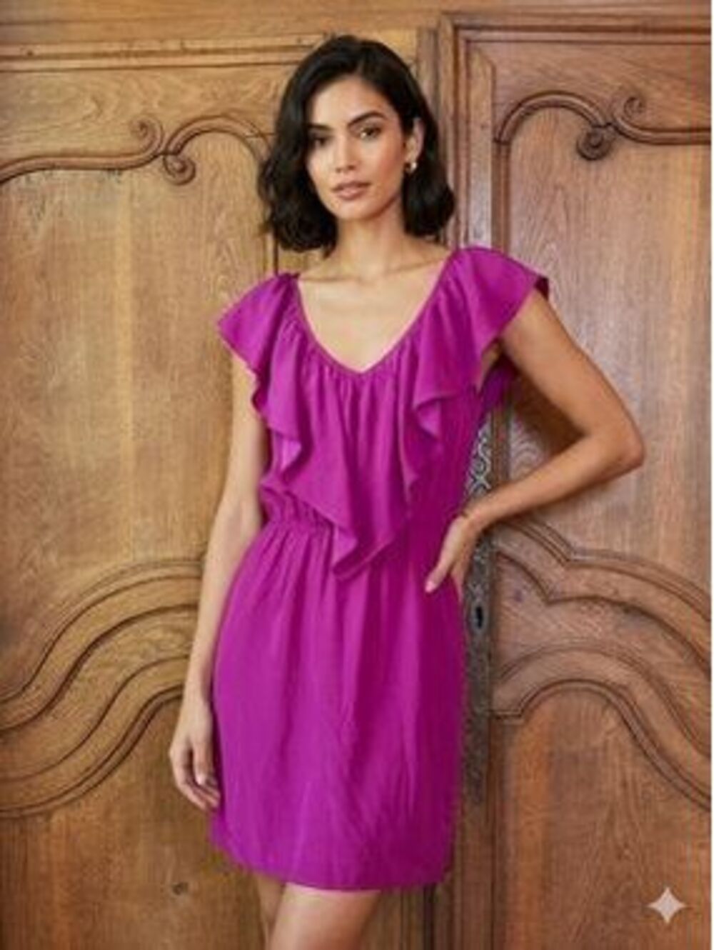 Amanda Uprichard Magenta Pink 100% Silk Ruffle Neck Mini Dress Size L